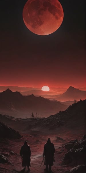 Generate hyper realistic image of a sinister scene where a blood-red moon hangs low in the sky, casting an eerie glow over a desolate landscape. Shadows morph into menacing figures, and a malevolent force lurks in the ominous darkness.