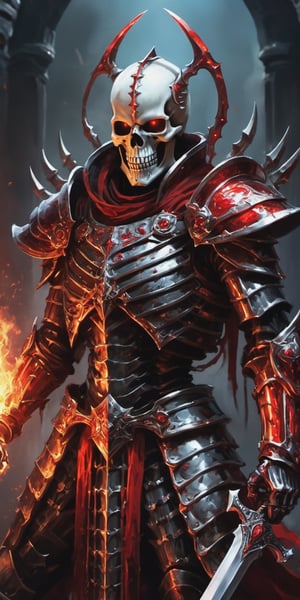  create a Skeleton god wearing blood armor. background of underworld.fierce looking, glowin red eyes, godly armor., sharp focus, high detailed.,more detail XL