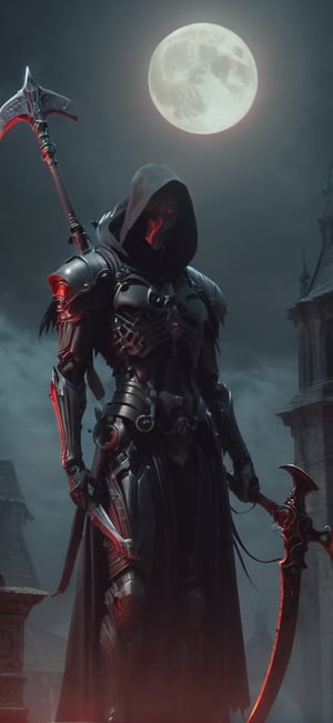  create a Grim reaper standing on top of church roof. he is facing the viewer. he is holding a  bloodyscythe,He is illuminated from back by red moonlight.Terrifying, death. sharp focus, high detailed, 8k, visavle face,,fantasy00d,night_view_background,horror,perfect light,schorror,monster,hallow33n