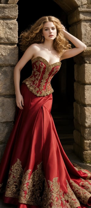 Generate hyper realistic image of a woman with voluminous, wavy hair with a slightly wild. Her hair is a rich, golden blonde color. She is dressed in an ornate, strapless red gown with intricate gold embroidery. The bodice is form-fitting and accentuates her figure, while the skirt is voluminous and has a luxurious, flowing quality.  She is leaning against an ancient stone structure. The background features an ancient, weathered stone structure that evokes the setting of a historical castle or ruins.