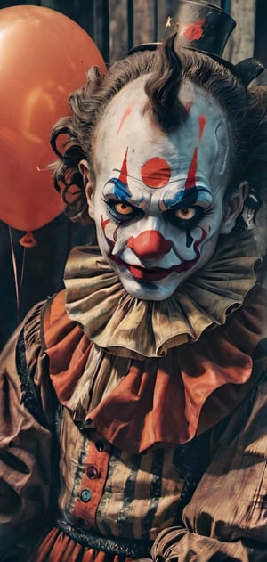 clown, painted face, sinister environment, smoke, night, terror,halloween environment. clown outfit, balloon in hand.,oni style