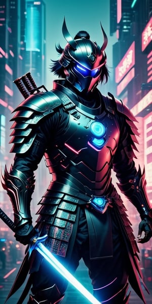 Generate hyper realistic image of a futuristic samurai adorned in sleek cybernetic armor, wielding a plasma katana with neon-illuminated edges, standing against a backdrop of technologically advanced cityscape, seamlessly blending traditional warrior aesthetics with cutting-edge technology.photography style,Extremely Realistic, ,3dmdt1,rmspdvrs