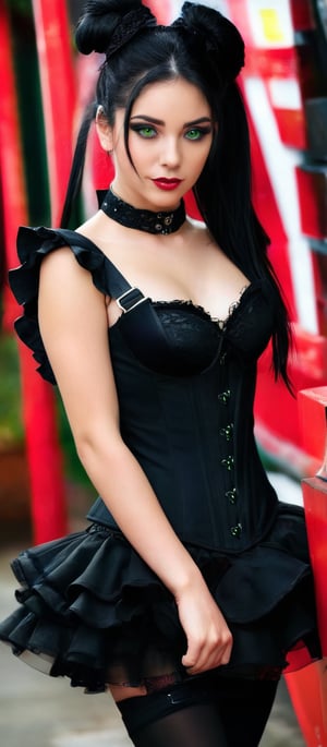 Generate hyper realistic image of a woman with long, black hair styled into two high twin tails. She has a youthful face with striking green eyes and a  slightly mischievous smile. Her makeup is minimal, allowing her natural features to stand out. A black choker with a small pendant enhances her gothic aesthetic. She is wearing a black corset-style top with white frills around the bust area. The corset is tightly laced up in the front, emphasizing her figure and a short, black, ruffled skirt with layers of frills. There are hints of red under the black layers. She is wearing black thigh-high stockings with lace tops, and garters. 