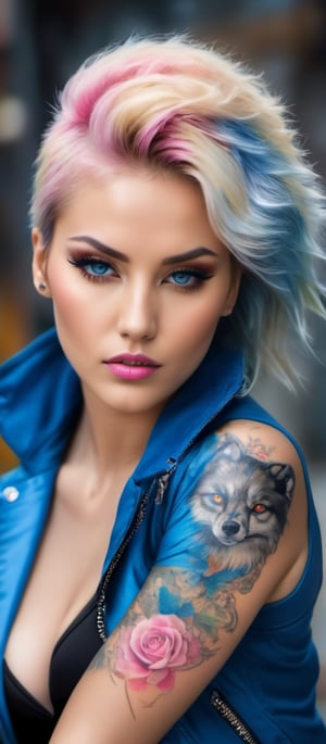 Generate hyper realistic image of a woman lying down, gazing directly at the viewer with a soft, yet piercing expression. This pose, combined with her direct gaze, creates an intimate and engaging atmosphere. She is dressed in a shiny, blue jacket that has slipped off one shoulder, revealing a black sports bra underneath. she has has vibrant and intricate unique foxtattoos covering her back and  wolf on one arm. The tattoos feature a mix of colorful and detailed designs. Her hair is short, blonde, and slicked back. Her makeup is subtle yet striking, with a focus on her eyes, which are accentuated by pink eyeshadow and long lashes. The lighting is bright and soft, highlighting her features and the details of her tattoos and attire.