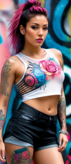 Generate hyper realistic image of a striking, colorful character with a vibrant and edgy aesthetic. She is wearing a sleeveless, semi-transparent white tank top that is wet and clings to her body, revealing a tattoo on her chest. The top has graffiti-like designs in various colors. She is also wearing black shorts with vibrant pink and blue patterns. Her body is adorned with several tattoos, including a large rose with torns on her chest, colorful graffiti-like patterns on her arms and legs, and smaller designs on her shoulders and hands.