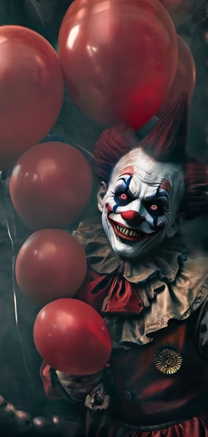 clown, painted face, sinister environment, smoke, night, terror, clown outfit, balloon in hand.,oni style