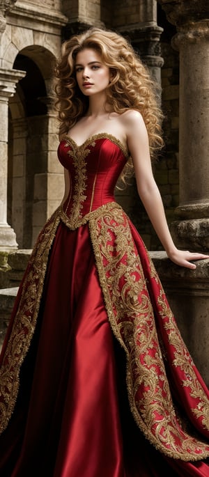 Generate hyper realistic image of a woman with voluminous, wavy hair with a slightly wild. Her hair is a rich, golden blonde color. She is dressed in an ornate, strapless red gown with intricate gold embroidery. The bodice is form-fitting and accentuates her figure, while the skirt is voluminous and has a luxurious, flowing quality.  She is leaning against an ancient stone structure. The background features an ancient, weathered stone structure that evokes the setting of a historical castle or ruins.