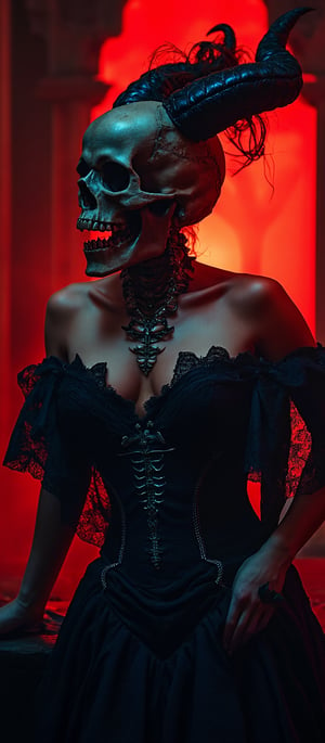 Generate hyper realistic image of a female with dark, curvy and sinister figure, blending elements of horror and gothic fantasy. The woman's head is largely skeletal, with a detailed and prominent skull serving as a mask. On top of the skull, there are massive, twisted horns. These horns are black and jagged, curving upward. The woman's body is partly exposed, but draped in intricate black lace and armor-like adornments. Bone-like details are incorporated into the armor around the chest, further emphasizing death and decay. The image is bathed in dark red light, giving it a hellish atmosphere. The red glow emanates from behind and around the character, creating dramatic shadows and highlighting the figure’s skeletal features. The background is dimly lit and blurred  a gothic temple.