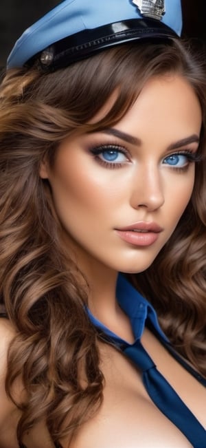  create a Beautiful stripper wearing sexy police uniform. Beautiful face, seducing the viewer,Long hair , brown curly hairs, blue eyes eyes,.,photo r3al,more detail XL