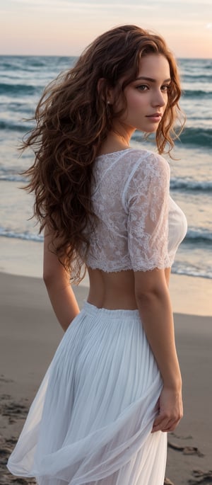 Generate hyper realistic image of a  woman with long, wavy red hair cascading down her back, adorned with a delicate hair ornament. She stands gracefully on the shore, her full body dressed in a flowing white skirt and a crop top with see-through sleeves, her gaze fixed on the viewer with confidence. The sunset paints the sky with hues of orange and pink as the gentle waves of the ocean lap against the sand. A flower tucked behind her ear adds a touch of natural beauty, while her curly hair dances in the salty breeze.