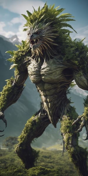  create a plant monster born to protect nature from humans.loving to earth ir hatred towards humans.he is resembling plants and animal beast.background of nature, sharp focus, high detailed.