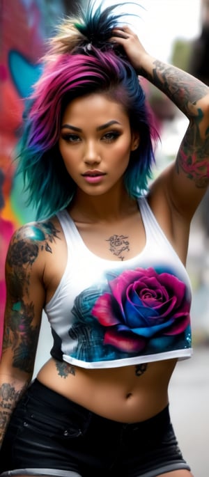 Generate hyper realistic image of a striking, colorful character with a vibrant and edgy aesthetic. She is wearing a sleeveless, semi-transparent white tank top that is wet and clings to her body, revealing a tattoo on her chest. The top has graffiti-like designs in various colors. She is also wearing black shorts with vibrant pink and blue patterns. Her body is adorned with several tattoos, including a large rose with torns on her chest, colorful graffiti-like patterns on her arms and legs, and smaller designs on her shoulders and hands.