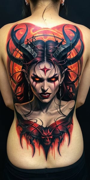 Generate hyper realistic tattoo on a man's back with a demonic woman with distinct features. She has two large, curved horns protruding from her head, which are textured and detailed. Her expression is one of defiance and aggression. She has red glowing eyes closed, her mouth open, and her tongue sticking out, revealing sharp, fang-like teeth. There is a symbol of pentagram on her forehead, adding to the demonic appearance. Surrounding her head is a circular, barbed wire-like crown of thorns. This crown adds a gothic undertone. 