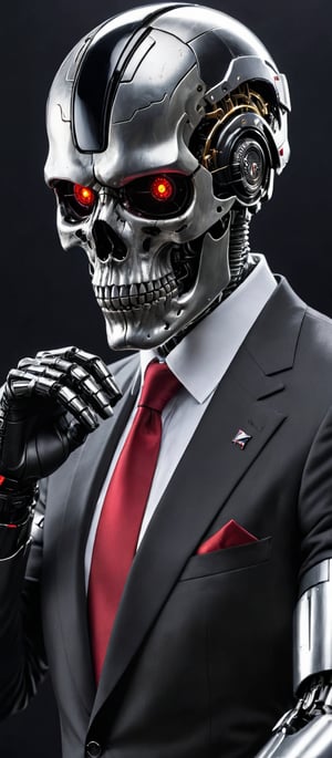 Generate hyper realistic image of a medium-angle shot of a Skull , dressed in a sleek black suit with a bold red tie and a gleaming silver helmet. The robot's face has black eyes and a silver headband, and it's wearing black gloves. Its right arm is raised while its left arm is bent, gripping a black gun. The stark black background contrasts sharply with the outfit.,skll