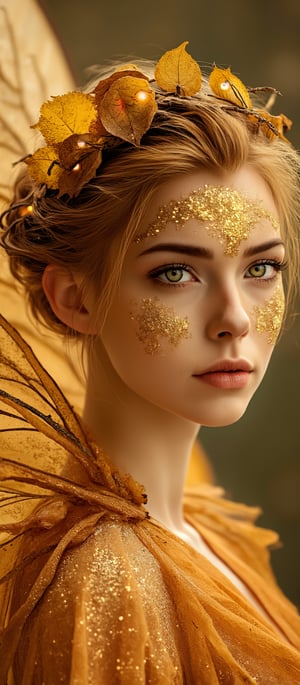 Generate hyper realistic image of a ethereal female fairy from a magical realm. The fairy has a petite, slender, and graceful body with smooth, glowing skin that appears to shimmer with golden glitter. The facial features are soft and innocent, with wide, expressive eyes that shimmer with curiosity and gentleness. Her face is adorned with golden glitter and delicate markings that highlight her cheeks. The most striking part of the fairy's appearance is her large, gossamer wings. These wings are transparent but adorned with gold and bronze tones, with intricate veins and delicate patterns. The fairy’s hair is a wild and wispy mix of gold and bronze, mimicking autumn leaves. Her hair is adorned with fine, leaf-like embellishments. She wears an elaborate crown made of delicate branches and roots, with small, glowing orbs woven into the design. She doesn’t wear conventional clothing; instead, her body is decorated with gold-like threads and shimmering dust that covers her skin in strategic places.