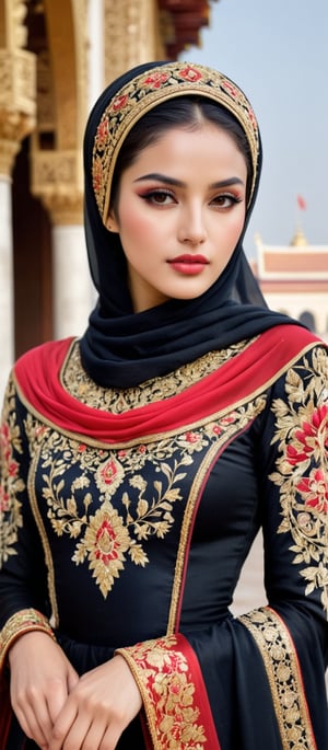 Generate hyper realistic image of a highly detailed portrayal of a regal and elegant woman dressed in traditional, ornate attire, blending elements of cultural and fantasy aesthetics. The woman is dressed in a luxurious black gown intricately adorned with golden embroidery and red accents. The gown has rich patterns running across the sleeves and hem, featuring geometric shapes and floral motifs. She wears a beautifully designed red and black headscarf draped over her head, with red floral patterns and golden embroidery that mirror the designs on her dress. The scarf flows gracefully over her shoulders. Her face is strikingly beautiful, with delicate features. She has flawless, glowing skin, slightly blushed cheeks, and full lips painted in a soft pink color. Her almond-shaped eyes are accentuated with subtle makeup. Long, flowing dark brown hair peeks out from beneath her headscarf. The backdrop is an ancient grand palace.