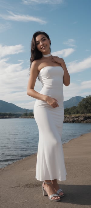 Generate hyper realistic image of a woman standing on a concrete platform with a serene body of water and a distant mountain range in the background. She gazes directly at the viewer with a warm smile. Her left hand rests gently on her right hand. She is dressed in a white strapless gown with a choker necklace around her neck. Her hair is styled in a sleek bob, and her black hair is pulled back in a ponytail. Her eyes are accentuated with dark brown eyeshadow, and she wears silver high-heeled sandals. The sky is scattered with white clouds.