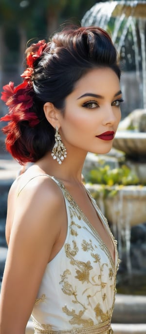 Generate hyper realistic image of a woman stands confidently in front of a large fountain. She is gazing at the viewer, smiling softly. Her outfit consists of a white sleeveless dress, patterned with black and yellow flowers. Her hair is styled into a sleek bob, and her lips are painted red, matching her deep red eyeshadow. She is standing in a seductive pose, her hair elegantly pulled back into a ponytail. She wears dangling earrings that add a touch of elegance. A few people are visible in the background.,hinaigirl