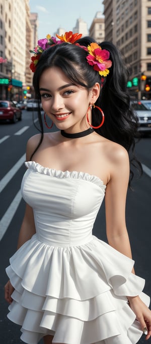 Generate hyper realistic image of a woman with long, black hair styled in voluminous waves. She has a colorful floral headband. Her hair is tied into two high ponytails. She is wearing a strapless white dress with a tiered skirt that gives a flowing and layered effect. The dress has black accents along the neckline and straps, adding a contrast to the bright white fabric. She is adorned with large, colorful hoop earrings and several rings on her fingers. Her expression is innocent, with wide eyes. Her gentle smile adds to her beauty. The background features a bustling city scene with cars and buildings.