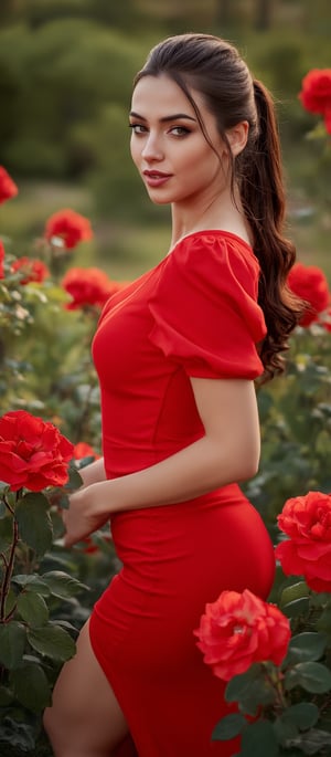 Generate hyper realistic image of a young woman is standing in a beautiful garden with blooming red roses and greenery. She has long, dark brown hair styled in a high ponytail and a fair complexion with large, expressive brown eyes. Her makeup is subtle, highlighting her natural beauty. She is dressed in a form-fitting, elegant red dress with short puffed sleeves. The dress has a high slit, revealing her thigh.