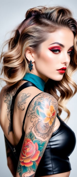 Generate hyper realistic image of a woman posing in an eye-catching outfit with a prominent tattoo. The woman has long, light brown hair styled in loose waves, cascading down her back and over her shoulders. Her makeup is striking, with a focus on her eyes, which enhanced with bold eyeliner. Her lips are painted red. She is looking over her shoulder directly at the camera. The woman has an elaborate tattoo covering her right arm and extending onto her back. The tattoo features includes floral and mythical elements, with vibrant colors such as teal and shades of red and brown. She is wearing a black, shiny, leather-like top that is cropped, exposing her midriff. The top has long sleeves. 