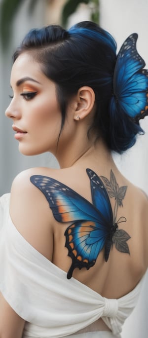 Generate hyper realistic image of  woman with a beautiful and intricate butterfly tattoo on her back. he woman is shown in profile, with her back turned towards the viewer. Her head is slightly turned to the side, giving a glimpse of her serene and thoughtful expression. Her eyes are blue. Her hair is styled in a loose, elegant updo, with a few strands softly framing her face. The hair has a luminous quality, reflecting the light in the scene. vibrant butterfly tattoo covers her upper back and shoulders. The tattoo is rendered in vivid blues and blacks, creating a dramatic contrast against her skin. Surrounding the large butterfly are smaller, glowing butterflies in shades of orange and yellow.