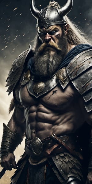  Create a hyper realistic viking in berserker mode fighting enemies.Fierce, strong , fast  grey hairs and beard , war paintings , viking armor with fur .Jigh detailed ,sharp focus, dramatic lighting, dark colours, battlefield of norse.,Movie Still