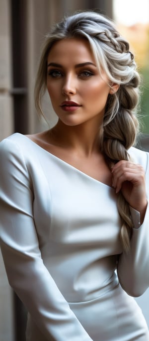 Generate hyper realistic image of a woman depicted in a sophisticated and elegant manner. She has long, silver-blonde hair styled in a loose braid that falls over her shoulder, with a few strands framing her face. Tan complexion with large, expressive grey eyes, a confident expression, and soft, natural makeup. She is wearing a form-fitting, off-the-shoulder white dress with three-quarter sleeves. The dress accentuates her figure, giving her a glamorous and refined look. 
