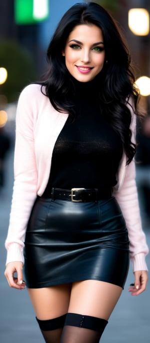 Generate hyper realistic image of a woman with long black hair looking at the viewer with seductive smile, as she walks down the street at night. She is dressed in a black leather skirt, thighhighs, and high heels. The city's blurry lights reflect off her green eyes and black lips. She has one arm at her side while her other hand is in her pocket. She wears a light pink turtleneck sweater with a black belt and garter straps, paired with brown ankle boots.
