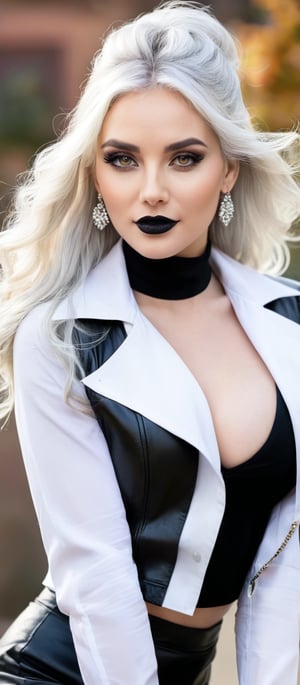 Generate hyper realistic image of a woman with long white hair, wearing a white collared shirt with an open black jacket. The outfit reveals a bit of cleavage and includes a black high-waist skirt, accompanied by black pantyhose. She stands, looking directly at the viewer, her long sleeves elegantly covering her arms at her sides. Her large breasts are noticeable, and she is adorned with jewelry and earrings. Her makeup includes black lipstick, and she has a subtle floral print accessory. Her grey eyes are striking, and she wears a warm smile.