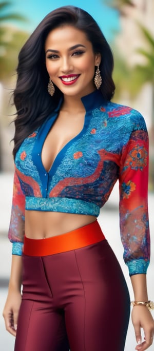 Generate hyper realistic image of a woman with a vibrant and eye-catching appearance. Her expression is relaxed and slightly playful, with a hint of a smile, adding to her approachable and lively demeanor. She is wearing a brightly colored, patterned top with a high collar. The top features an intricate and dynamic design, incorporating shades of red, orange, and blue. Her midriff is exposed, highlighting her toned physique. She is also wearing matching pants with a similar vibrant pattern. er hair is long, voluminous, and wavy, flowing freely around her shoulders. The dark color of her hair creates a striking contrast with her bright clothing. 