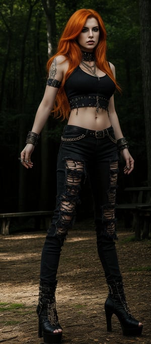 Generate hyper realistic image of a woman with long, vibrant orange hair that cascades down her back in waves. The striking color contrasts with her outfit, making her hair a focal point. Her eyes are accentuated with dark, dramatic makeup. She is dressed in a gothic-punk style. She wears a sleeveless black top adorned with chains and metal details. Paired with this, she has on black ripped skinny jeans. She is wearing high-heeled shoes with a unique design, featuring studs and straps. Her expression is contemplative and slightly fierce. The background is a wooded area with tall trees and wooden benches..