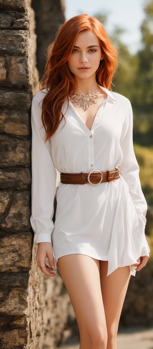 Generate hyper realistic image of a woman with cascading locks of orange hair, her gaze fixed upon the viewer with warmth and allure, her lips curved into a subtle grin. She exudes elegance in a pristine white shirt elegantly tucked into a sleek skirt, accentuated by a chic belt that accentuates her slender waist. Around her neck, a shimmering necklace adds a touch of sophistication, while the backdrop of the photograph provides a picturesque setting. Torn thigh-highs lend an air of subtle sensuality, enhancing her magnetic charm.