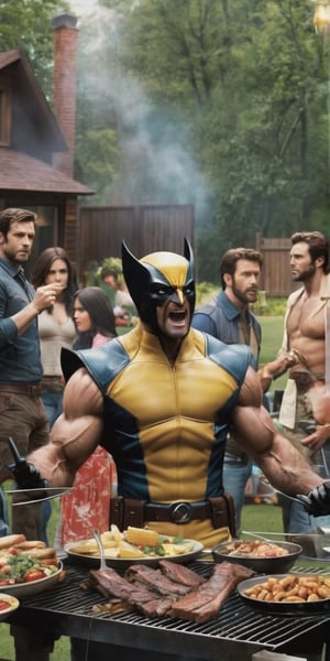 Generate hyper realistic image of  Wolverine hosting a backyard barbecue with fellow heroes. The atmosphere is relaxed as the X-Men and other Marvel characters enjoy good food, laughter, and camaraderie.