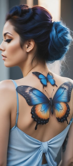 Generate hyper realistic image of  woman with a beautiful and intricate butterfly tattoo on her back. he woman is shown in profile, with her back turned towards the viewer. Her head is slightly turned to the side, giving a glimpse of her serene and thoughtful expression. Her eyes are blue. Her hair is styled in a loose, elegant updo, with a few strands softly framing her face. The hair has a luminous quality, reflecting the light in the scene. vibrant butterfly tattoo covers her upper back and shoulders. The tattoo is rendered in vivid blues and blacks, creating a dramatic contrast against her skin. Surrounding the large butterfly are smaller, glowing butterflies in shades of orange and yellow.