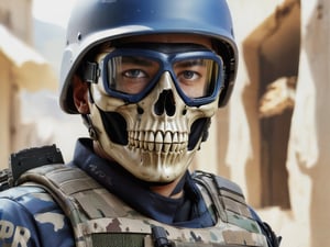 ((Spec ops soldier with upper face skull mask watching the viewer with dead eyes)), photo realistic, detailed hands, complex_background, background, detailed face, detailed skull mask, spec ops soldier uniform,, male, visivle blue eyes,