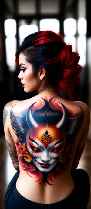 Generate hyper realistic image of a woman with an intricate and vibrant full-back tattoo. The woman is shown from behind, seated and leaning slightly to one side, allowing a clear view of her entire back. Her hair is straight and dark, falling around her shoulders. The tattoo covers her entire back. The central feature of the tattoo is a large Hannya mask. The mask has a fierce, angry expression with sharp teeth, depicted in vivid red and contrasting dark shades. The tattoo features rich, deep colors with intricate shading. he woman's hair is straight and dark, and it frames the tattoo. 