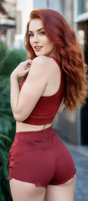 Generate hyper realistic image of a woman standing with her hands raised to her cheeks, using her fingers to gently pull her cheeks back, enhancing her smile. She has long, vibrant shiny red hair that cascades down her back in loose, voluminous waves. She is wearing a red crop top and matching red shorts that are high-waisted and slightly distressed at the hems. The background features a cozy coffee shop.