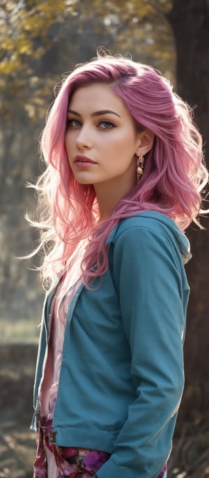 Generate hyper realistic image of a beautiful woman with long, flowing hair cascading down her shoulders, her piercing blue eyes gazing directly at the viewer. She wears a stylish ensemble with long sleeves and pink hair, set in a classic cowboy shot. Adorned with elegant earrings, she exudes confidence in her pants and hood attire.