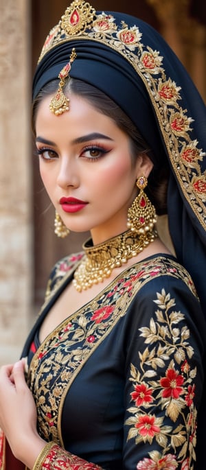 Generate hyper realistic image of a highly detailed portrayal of a regal and elegant woman dressed in traditional, ornate attire, blending elements of cultural and fantasy aesthetics. The woman is dressed in a luxurious black gown intricately adorned with golden embroidery and red accents. The gown has rich patterns running across the sleeves and hem, featuring geometric shapes and floral motifs. She wears a beautifully designed red and black headscarf draped over her head, with red floral patterns and golden embroidery that mirror the designs on her dress. The scarf flows gracefully over her shoulders. Her face is strikingly beautiful, with delicate features. She has flawless, glowing skin, slightly blushed cheeks, and full lips painted in a soft pink color. Her almond-shaped eyes are accentuated with subtle makeup. Long, flowing dark brown hair peeks out from beneath her headscarf. The backdrop is an ancient grand palace.