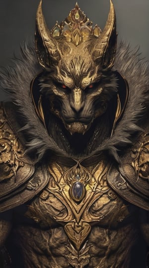 Create a realistic photo of Prince of hell Mammon appears as a wolf-like demon of wealth, especially given that wolves would be associated with greed in the Middle Ages. Mammon's skin appeared to be entirely made of a golden material but with several black scorched marks.Sharp focus, high detailed ,background of hell.