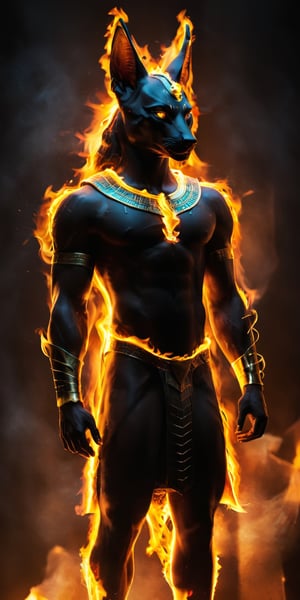  create a Anubis god of egypt looking down on the viewer.godly dark aura surrounds him, sharp eyes, perfect body, dark skin , glowing eyes, high detailed , sharp focus, scary looking, fierce,fire element,more detail XL,fire that looks like...