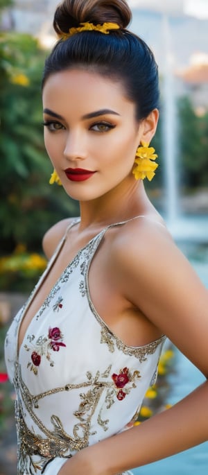 Generate hyper realistic image of a woman stands confidently in front of a large fountain. She is gazing at the viewer, smiling softly. Her outfit consists of a white sleeveless dress, patterned with black and yellow flowers. Her hair is styled into a sleek bob, and her lips are painted red, matching her deep red eyeshadow. She is standing in a seductive pose, her hair elegantly pulled back into a ponytail. She wears dangling earrings that add a touch of elegance. A few people are visible in the background.,hinaigirl