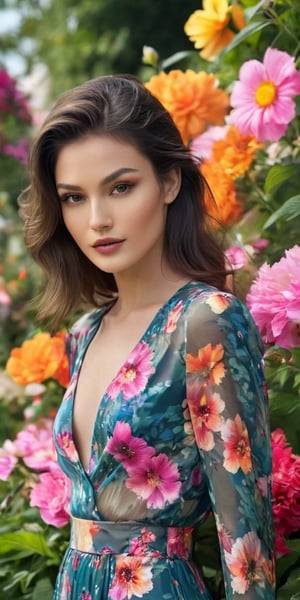 Generate hyper realistic image of a striking model with defined cheekbones and a confident expression, her waist-up positioned against a backdrop of a vibrant flower garden in full bloom, the colors complementing her natural radiance.