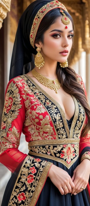 Generate hyper realistic image of a highly detailed portrayal of a regal and elegant woman dressed in traditional, ornate attire, blending elements of cultural and fantasy aesthetics. The woman is dressed in a luxurious black gown intricately adorned with golden embroidery and red accents. The gown has rich patterns running across the sleeves and hem, featuring geometric shapes and floral motifs. She wears a beautifully designed red and black headscarf draped over her head, with red floral patterns and golden embroidery that mirror the designs on her dress. The scarf flows gracefully over her shoulders. Her face is strikingly beautiful, with delicate features. She has flawless, glowing skin, slightly blushed cheeks, and full lips painted in a soft pink color. Her almond-shaped eyes are accentuated with subtle makeup. Long, flowing dark brown hair peeks out from beneath her headscarf. The backdrop is an ancient grand palace.