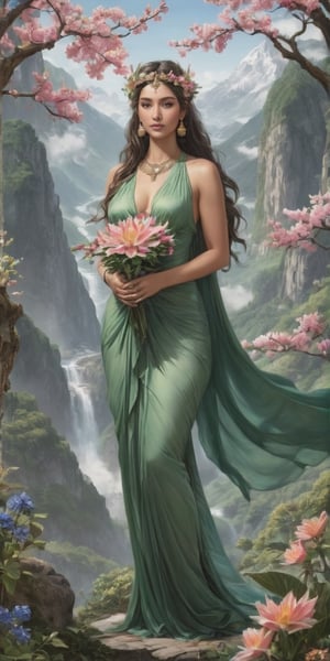 Generate hyper realistic image of a nurturing goddess intertwined with the natural world, adorned with blooming flowers, lush forests, and craggy mountains, symbolizing the grounding and life-giving essence of earth.