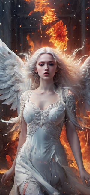  create a beautiful female angel falling down from the heaven. sad expression,fire wings, wings wide open, snow white long hair, messy hair, wings made out of fire , hopeful expression,blue eyes, red lips, realistic,fire element,flmngprsn,AngelicStyle,photo r3al,more detail XL