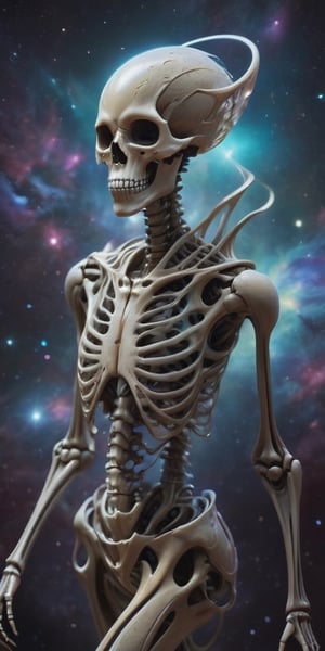 Generate hyper realistic image of  skeletal alien gracefully floats through the void, its bony form shimmering with an otherworldly luminescence. The alien's skeletal structure is intricate and elegant, composed of delicate, interlocking bones that seem to defy the laws of physics. Its elongated limbs move with a fluid grace, propelled by an unknown force, as it navigates the cosmic landscape.