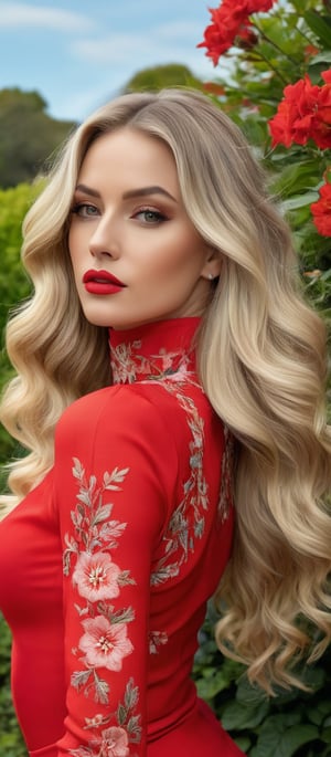 Generate hyper realistic image of a woman with long, wavy, voluminous blonde hair that cascades down her shoulders and back. The waves are smooth and well-defined. She is wearing a striking red outfit that consists of a high-neck, long-sleeved top with sheer sections adorned with intricate floral embroidery. The top is form-fitting, showcasing her slender figure. She pairs the top with a matching red skirt. The background features a picturesque park with neatly trimmed hedges and blooming red flowers.