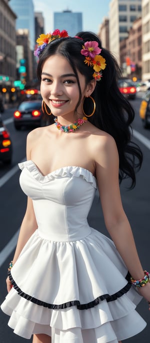 Generate hyper realistic image of a woman with long, black hair styled in voluminous waves. She has a colorful floral headband. Her hair is tied into two high ponytails. She is wearing a strapless white dress with a tiered skirt that gives a flowing and layered effect. The dress has black accents along the neckline and straps, adding a contrast to the bright white fabric. She is adorned with large, colorful hoop earrings and several rings on her fingers. Her expression is innocent, with wide eyes. Her gentle smile adds to her beauty. The background features a bustling city scene with cars and buildings.